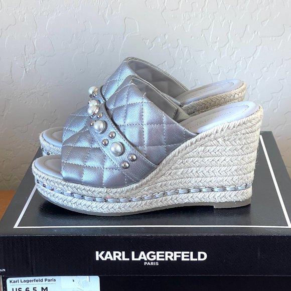 New Karl Lagerfeld Sandals 6.5 Camila Silver Pearl Stud Jute Platform Wedge - Picture 7 of 10